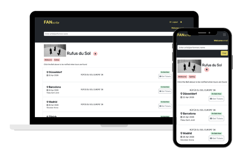 Fanscribr show list for Rufus du Sol on Mobile and desktop